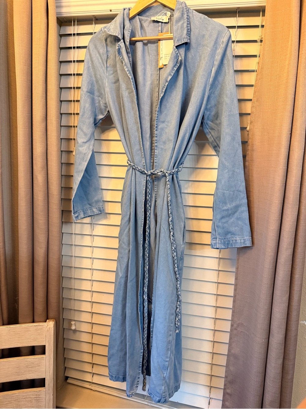 Sadie & Sage Light Blue Denim Duster with Braided Waist Tie
